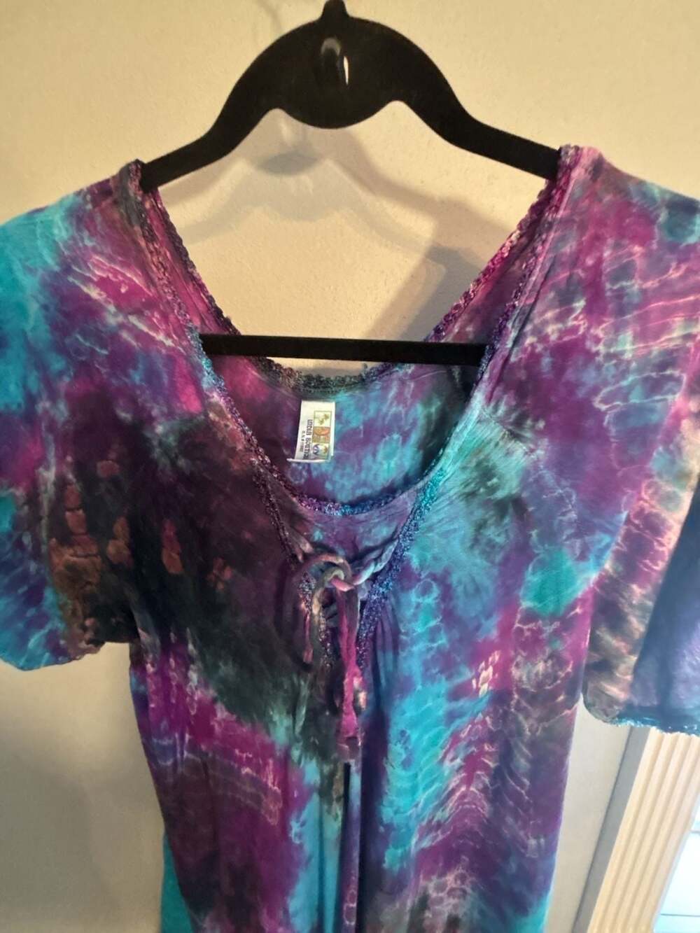 India Boutique Vintage Tie Dye Lace-Up Boho Fairy Grunge Midi Dress, OS